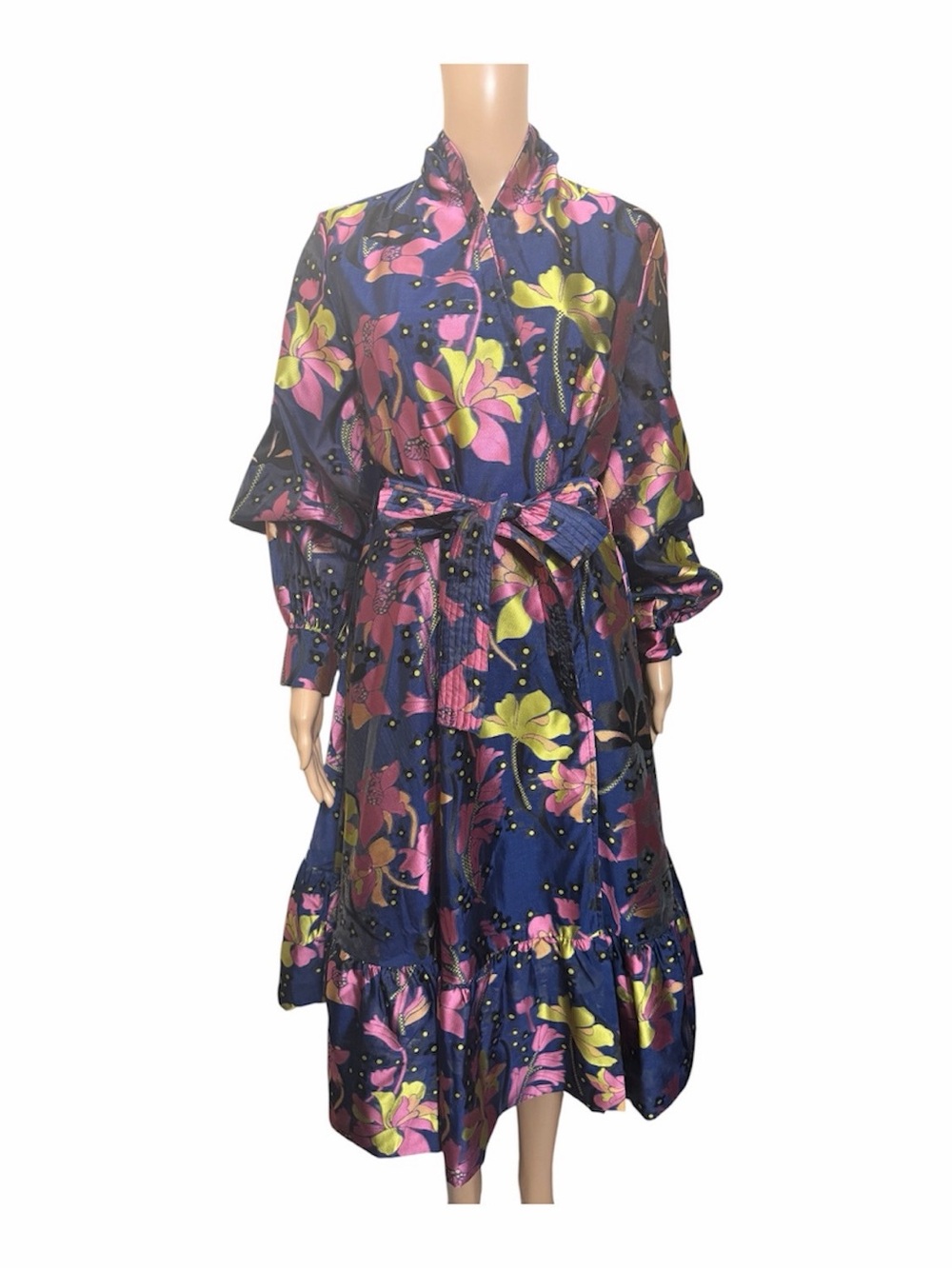 Stine Goya Floral Tie Waist Midi Dress Navy Pink Long Sleeve Ruffle Hem Size m